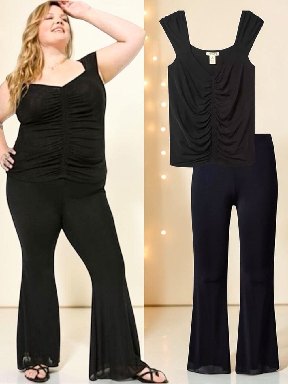 Torrid Festi Black Mesh Stretch Ruched Top Flare Pants Matching Set Plus Size 2